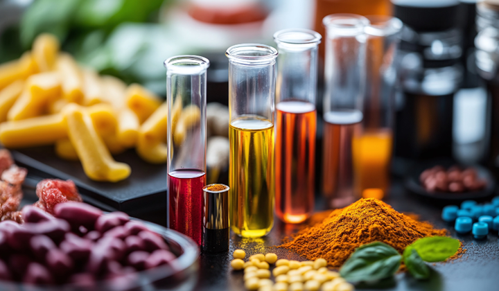 Entstehung Nahrungsmittelintoleranz Bunte Reagenzgläser, gefüllt mit verschiedenen Flüssigkeiten, umgeben von verschiedenen Lebensmittelzutaten und Gewürzen, darunter Pasta, Kräuter und Kurkumapulver