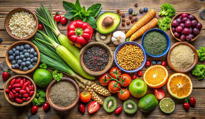 Nahrungsmittelintoleranz einfach erklärt Eine Vielzahl von frischen, bunten Lebensmitteln ist auf einem Holztisch arrangiert. Zu sehen sind unter anderem rote Paprika, Avocado, Karotten, Trauben, Orangenhälften, Tomaten, Maiskolben und verschiedene Beeren. In Schalen befinden sich Gewürze und Körner. Die Anordnung der Lebensmittel ist ästhetisch ansprechend und zeigt eine Vielfalt an gesunden Optionen.