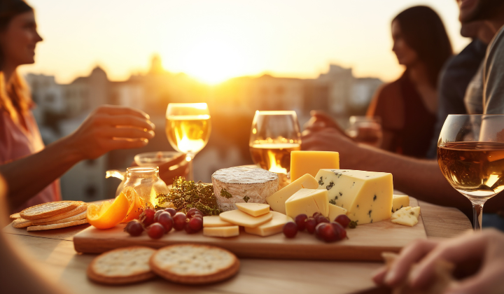 Richtige Ernährung bei Histaminintoleranz Freunde geniessen bei Sonnenuntergang einen Apero mit Brot, Käse, Trauben und Wein
