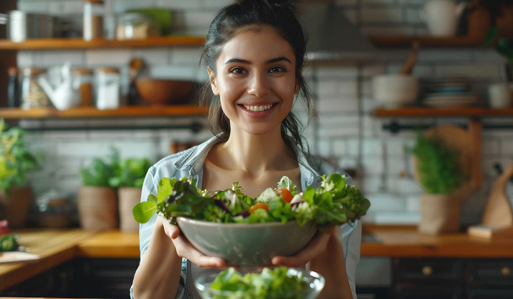 Ernährungstipps Eine junge Frau mit dunklen, zusammengebunden Haaren haelt mit beiden Haenden eine Schüssel mit Salat mit gruenen Blättern und Tomaten. Sie steht in einer Kueche.