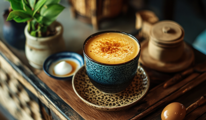 Typische Reaktionen einer Milchzucker-Unverträglichkeit Ein Milchkaffee steht in einer blau-türkisen Tasse auf einem Holzkasten. Daneben steht eine holzige Zuckerholzdose eine kleine Schale mit einem Keks sowie eine kleine gruene Planze.