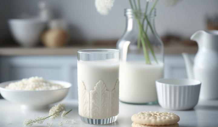 Ursachen der Milchzucker-Unverträglichkeit Auf einen Kuechenplatform steht von Links nach Rechts eine weisse Schale mit Milchreis, ein Glas gefült mit Milch, ein Doppelkeks, eine Blumenvase mit Milchgefüllt und Blumen drin, eine weisse Karaffe.