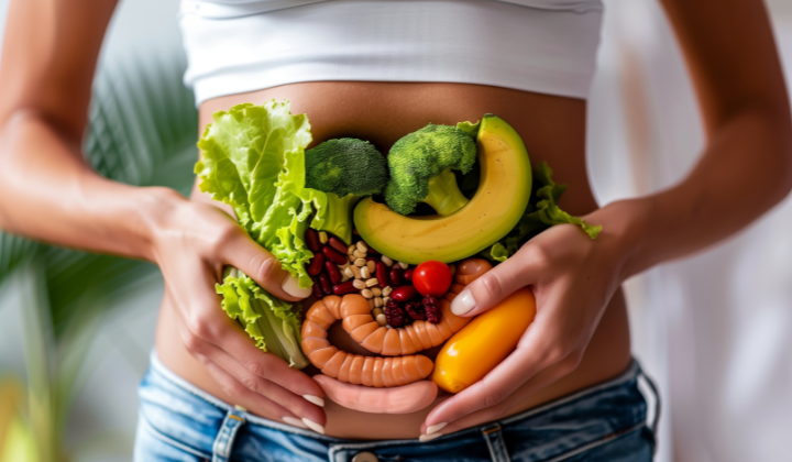 Fruktosemalabsorption Symptome Frau haelt ihren Magendarm Bereich, welche mit diversen Gemuesesorten, Fruechten und Wuersten erstellt ist.