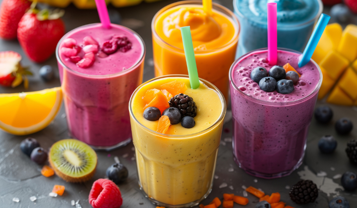 Fruktosemalabsorption Gründe Farbige Fruchtsmooties in Rosa, Gelb, Orange und Blau. Hergestellt aus Erdbeeren, Blaubeeren, HImbeeren, Orangen, Mangos und Kokos.