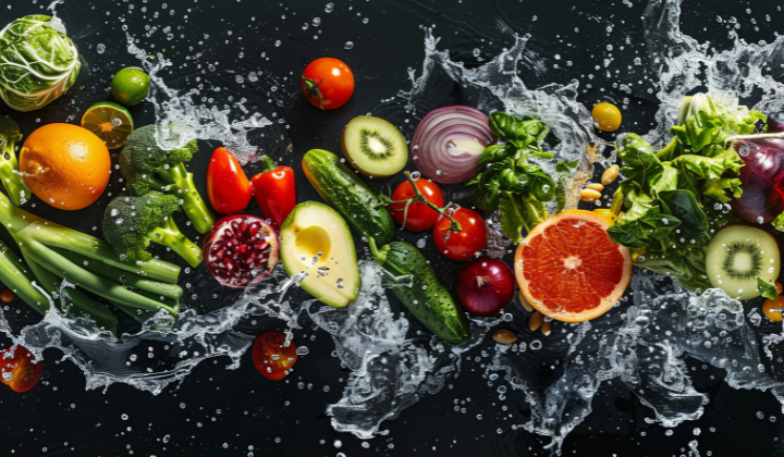 Was ist Fruktose? Auf Schieferplatte gelegte Fruechte und Gemuese welche gewaschen werden. Brokkoli, Pakrika, Granatapfel Tomaten, Gurken, Avocado, Kiwi, Zwiebel, Wirsing, Lauch, Kaki, Paprika, Orange, Limette, Spinat, Basilikum